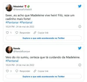 Fãs especulam que o Velho do Rio (Osmar Prado) pode ter achado Madeleine (Karine Teles) em Pantanal (Foto: Reprodução / Twitter) Fãs especulam que o Velho do Rio (Osmar Prado) pode ter achado Madeleine (Karine Teles) em Pantanal (Foto: Reprodução / Twitter)