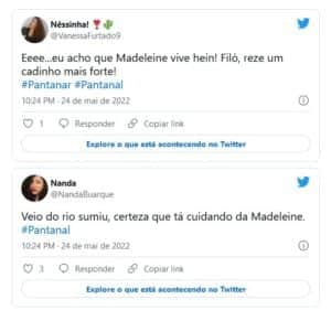 Fãs especulam que o Velho do Rio (Osmar Prado) pode ter achado Madeleine (Karine Teles) em Pantanal (Foto: Reprodução / Twitter) Fãs especulam que o Velho do Rio (Osmar Prado) pode ter achado Madeleine (Karine Teles) em Pantanal (Foto: Reprodução / Twitter)