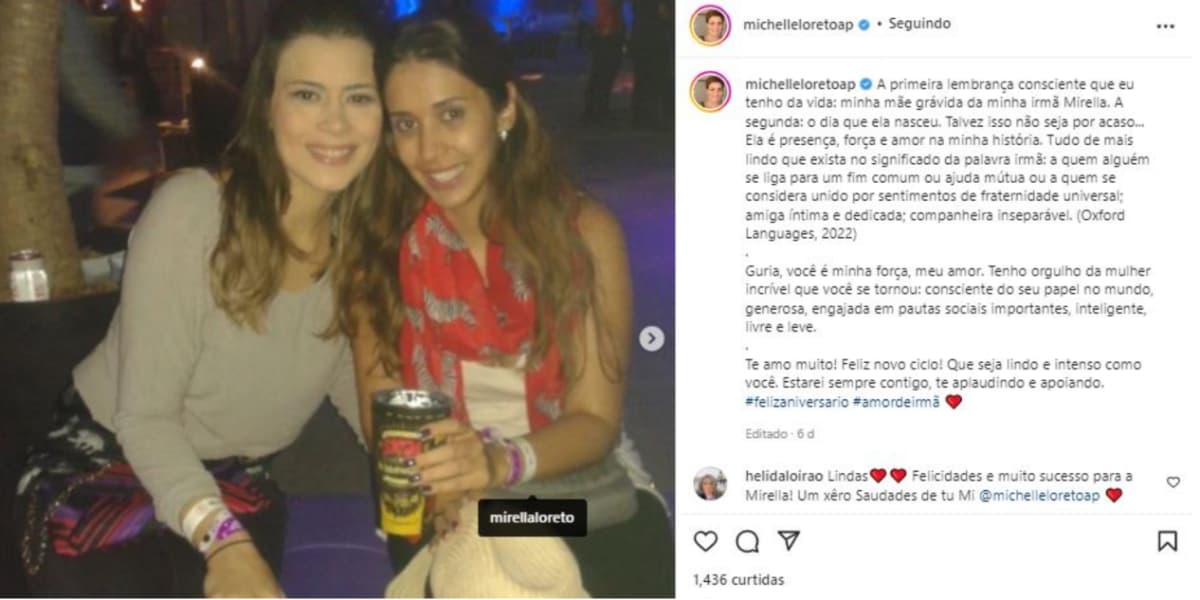 Michelle Loreto e a irmã. Mirella Loreto (Foto: Reprodução/Instagram) Michelle Loreto e a irmã. Mirella Loreto (Foto: Reprodução/Instagram)