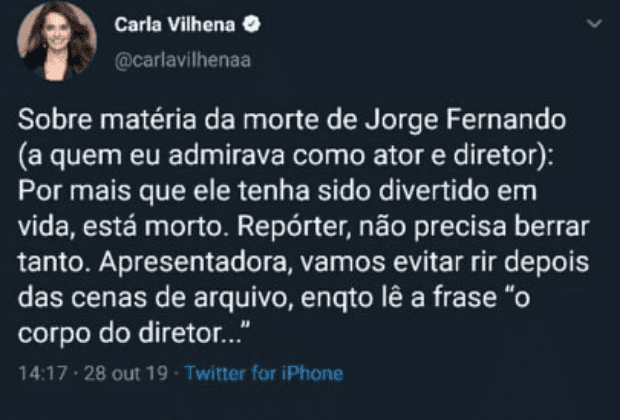 Tweet de Carla Vilhena foi interpretado como racismo contra Maju Coutinho Tweet de Carla Vilhena foi interpretado como racismo contra Maju Coutinho