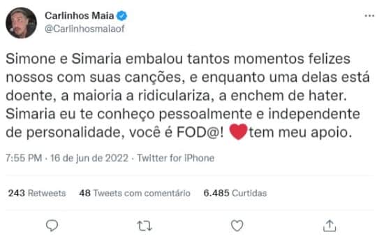 Post de Carlinhos Maia defendendo Simaria (Foto: Reprodução/Twitter) Post de Carlinhos Maia defendendo Simaria (Foto: Reprodução/Twitter)