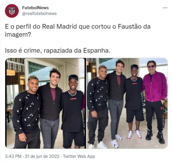 Real Madrid corta Faustão de foto com jogadores e gera revolta nas redes sociais (Foto: Reprodução/Twitter) Real Madrid corta Faustão de foto com jogadores e gera revolta nas redes sociais (Foto: Reprodução/Twitter)