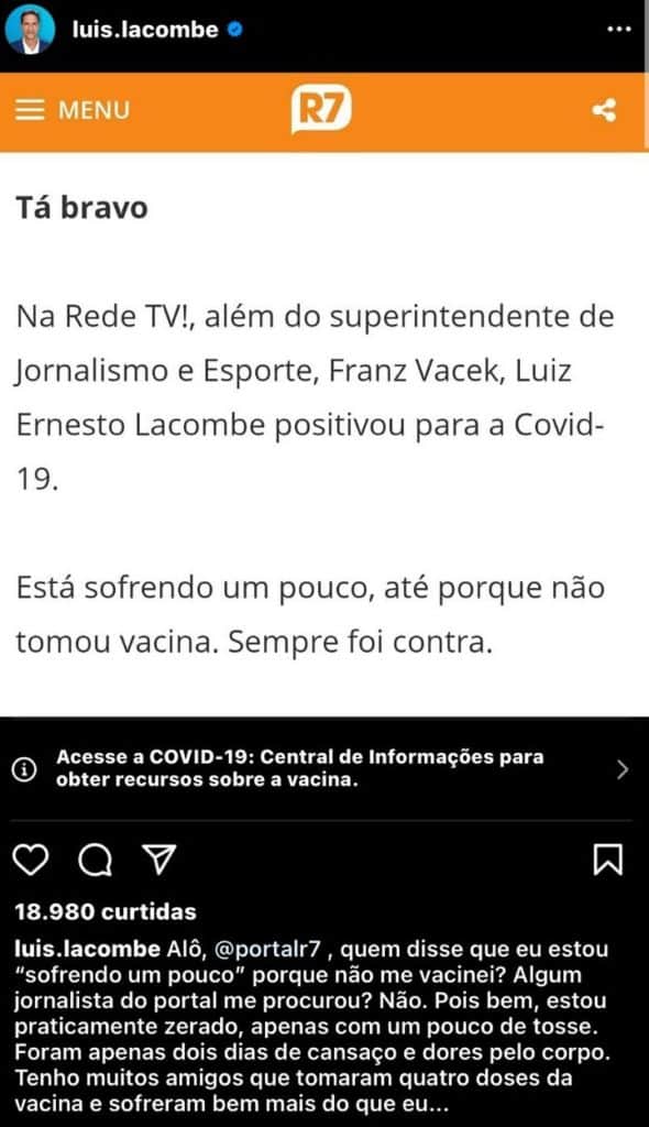 Lacombe rebateu notícia de que estaria sofrendo por conta do Covid- Foto: Reprodução Lacombe rebateu notícia de que estaria sofrendo por conta do Covid- Foto: Reprodução