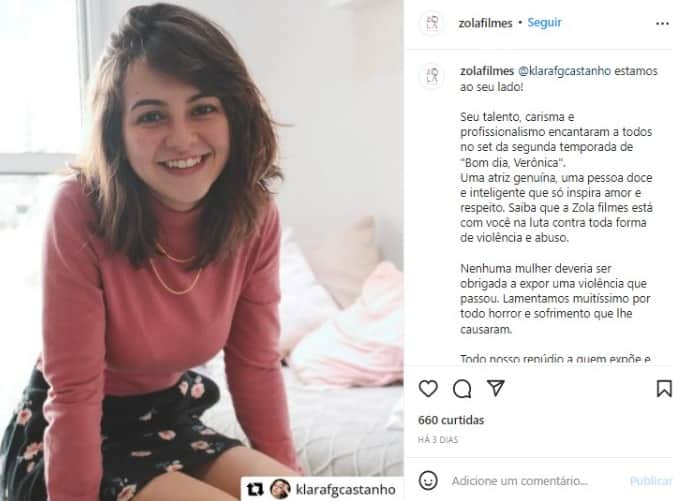 Post da Zola Filmes em homenagem à Klara Castanho (Foto: Reprodução/Instagram) Post da Zola Filmes em homenagem à Klara Castanho (Foto: Reprodução/Instagram)
