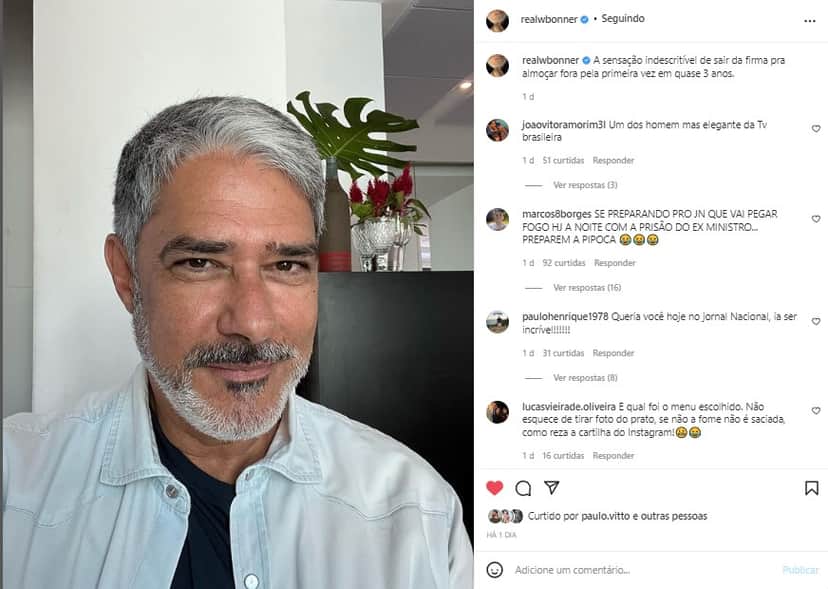William Bonner registrou o seu primeiro almoço fora da Globo após quase 3 anos William Bonner registrou o seu primeiro almoço fora da Globo após quase 3 anos