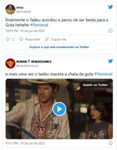 Tadeu (José Loreto) se irritou e expulsou Guta (Julia Dalavia) de sua vida em Pantanal (Foto: Reprodução / Twitter) Tadeu (José Loreto) se irritou e expulsou Guta (Julia Dalavia) de sua vida em Pantanal (Foto: Reprodução / Twitter)