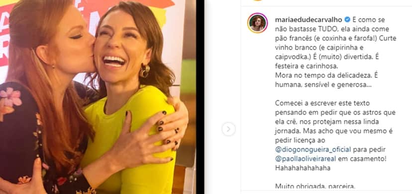 Paolla Oliveira recebe beijo na bochecha de Maria Eduarda e ganha declaração de amor e pedido de casamento Paolla Oliveira recebe beijo na bochecha de Maria Eduarda e ganha declaração de amor e pedido de casamento