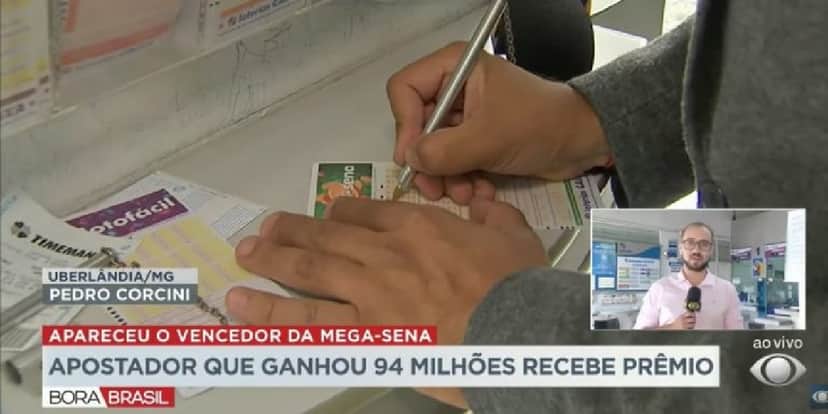 Repórter Pedro fala sobre o prêmio de 94 milhões de reais (Foto: Reprodução) Repórter Pedro fala sobre o prêmio de 94 milhões de reais (Foto: Reprodução)