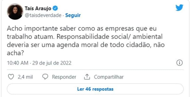Atriz Taís Araujo é exposta, aparece de surpresa e dá resposta direta - Reprodução Twitter Atriz Taís Araujo é exposta, aparece de surpresa e dá resposta direta - Reprodução Twitter