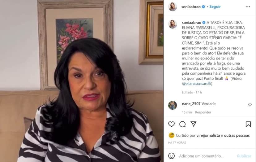 Sônia Abrão publicou o vídeo de Eliana Passarelli falando sobre o caso de Stênio Garcia e Marilene Saade Sônia Abrão publicou o vídeo de Eliana Passarelli falando sobre o caso de Stênio Garcia e Marilene Saade