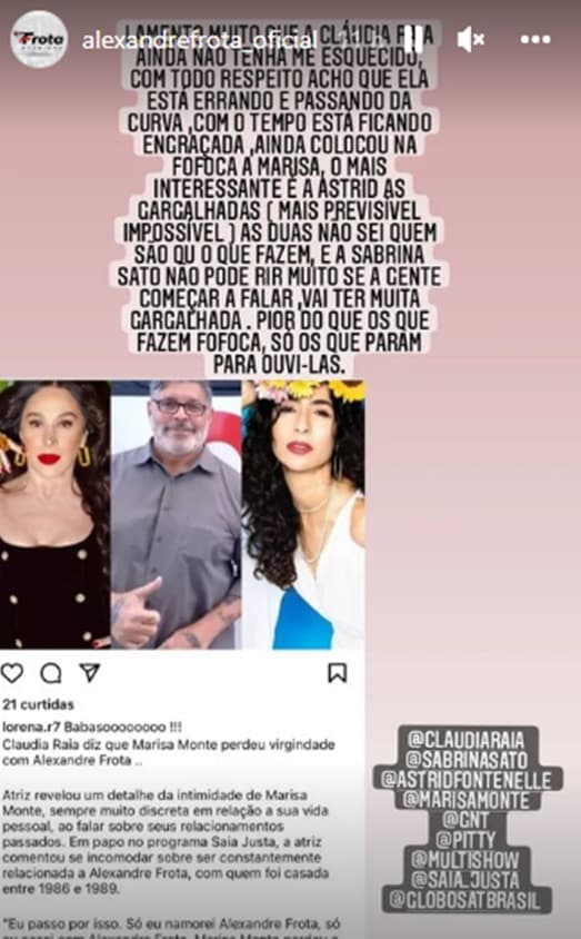 Alexandre Frota se pronuncia nos Stories sobre desprezo de Claudia Raia Alexandre Frota se pronuncia nos Stories sobre desprezo de Claudia Raia