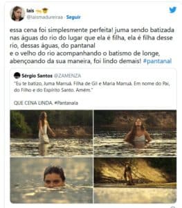 Público ficou em polvorosa com batismo de Juma em Pantanal e lembraram de tramas bíblicas (Foto: Reprodução / Twitter) Público ficou em polvorosa com batismo de Juma em Pantanal e lembraram de tramas bíblicas (Foto: Reprodução / Twitter)