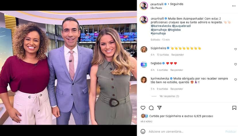César Tralli voltou a surpreender ao surgir com duas mulheres na Globo (Foto: Reprodução/ Instagram) César Tralli voltou a surpreender ao surgir com duas mulheres na Globo (Foto: Reprodução/ Instagram)