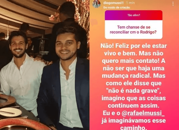 Diogo Mussi volta a se manifestar sobre briga com Rodrigo (Foto: Reprodução/Instagram) Diogo Mussi volta a se manifestar sobre briga com Rodrigo (Foto: Reprodução/Instagram)