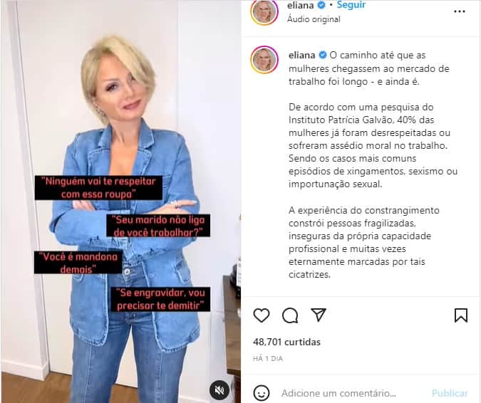 Eliana expõe dificuldades enfrentadas pelas mulheres no mercado de trabalho - Foto: Reprodução Eliana expõe dificuldades enfrentadas pelas mulheres no mercado de trabalho - Foto: Reprodução