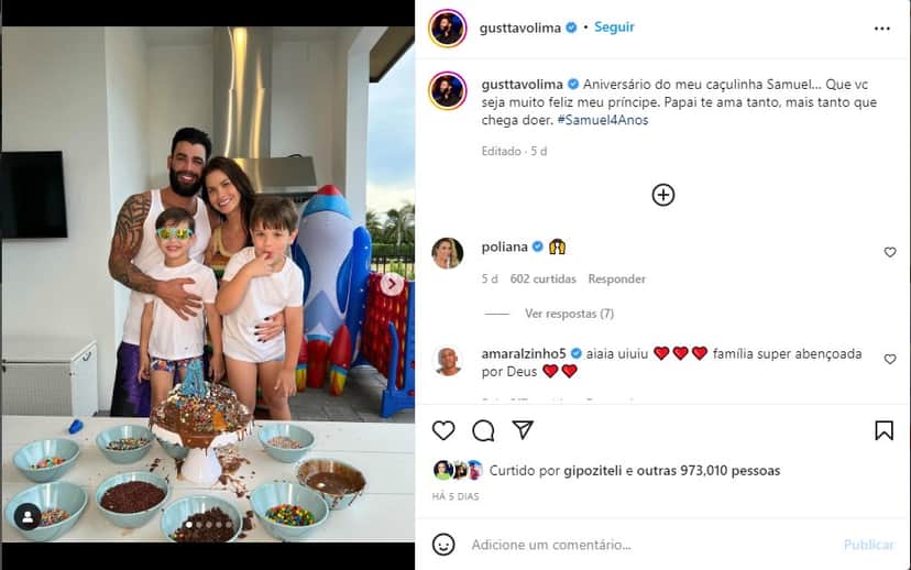 Gusttavo Lima reúne a família e faz homenagem ao filho, Samuel - Foto: Reprodução Gusttavo Lima reúne a família e faz homenagem ao filho, Samuel - Foto: Reprodução