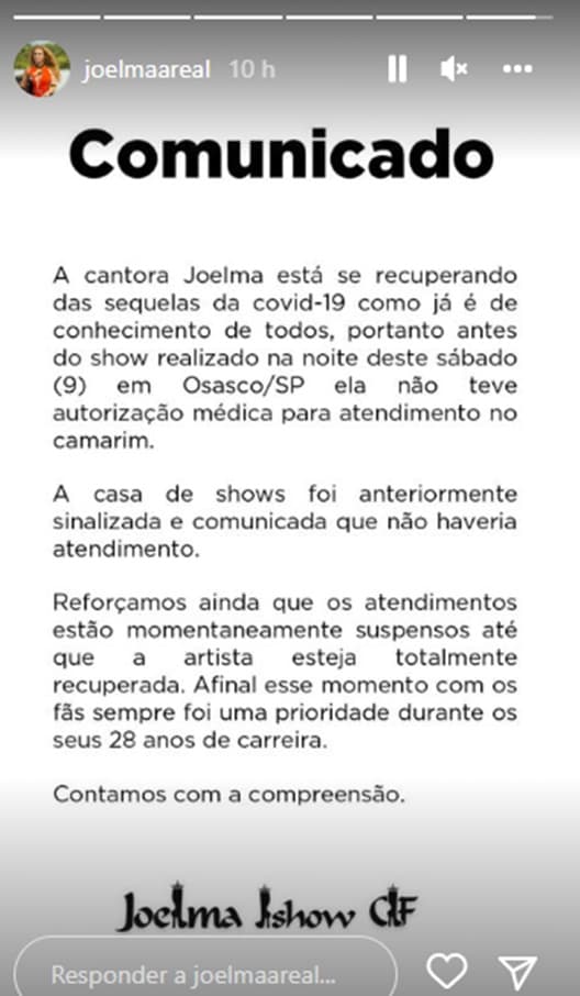 Comunicado oficial publicado nas redes sociais de Joelma Comunicado oficial publicado nas redes sociais de Joelma