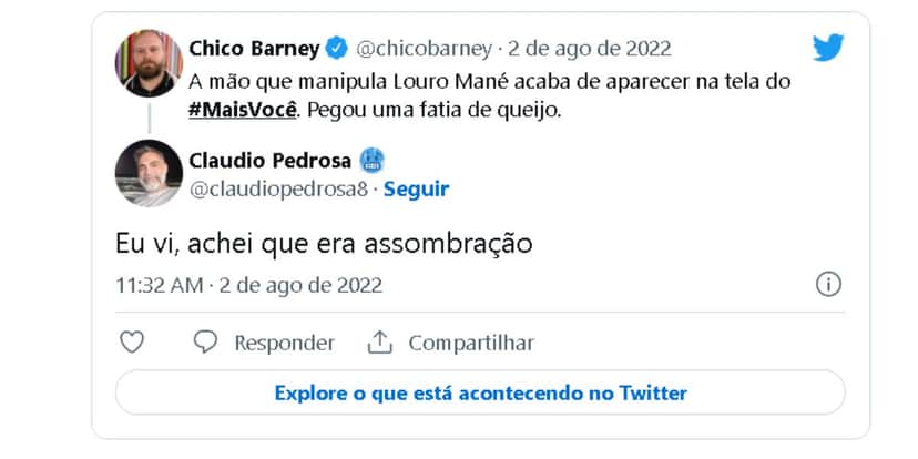 Inernautas comentam momento em que mão de Louro Mané aparece no Mais Você - Reprodução Globo Inernautas comentam momento em que mão de Louro Mané aparece no Mais Você - Reprodução Globo