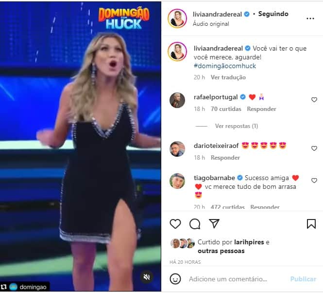 Lívia Andrade registrou sua estreia no Domingão nas redes sociais Lívia Andrade registrou sua estreia no Domingão nas redes sociais