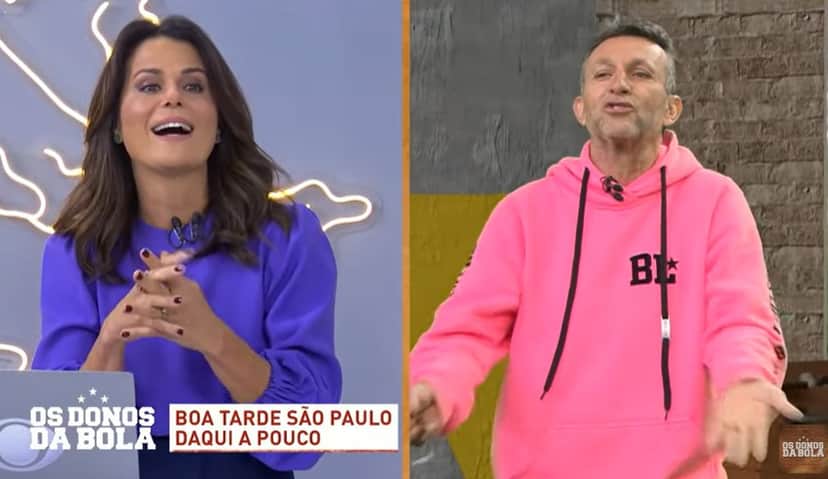 Neto e Adriana Araújo cairam na gargalhada durante a ponte entre os programas da Band Neto e Adriana Araújo cairam na gargalhada durante a ponte entre os programas da Band