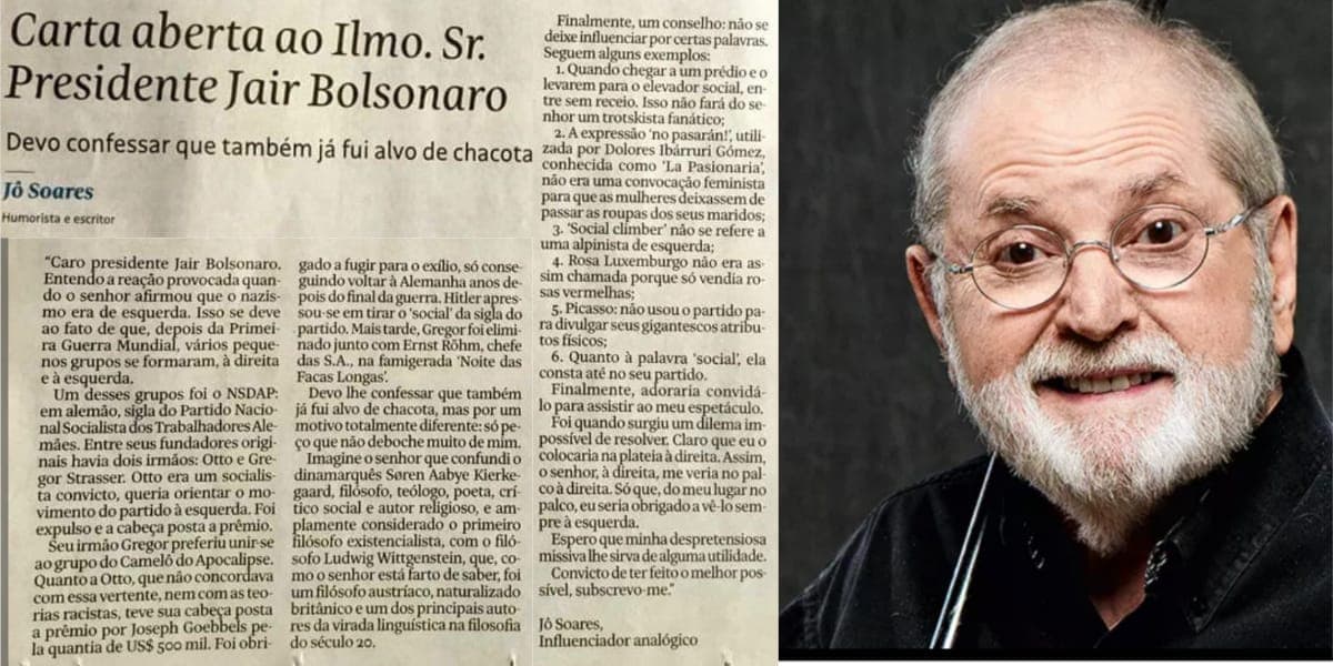 Carta de Jô Soares ao Jair Bolsonaro (Reprodução: Montagem TV Foco) Carta de Jô Soares ao Jair Bolsonaro (Reprodução: Montagem TV Foco)