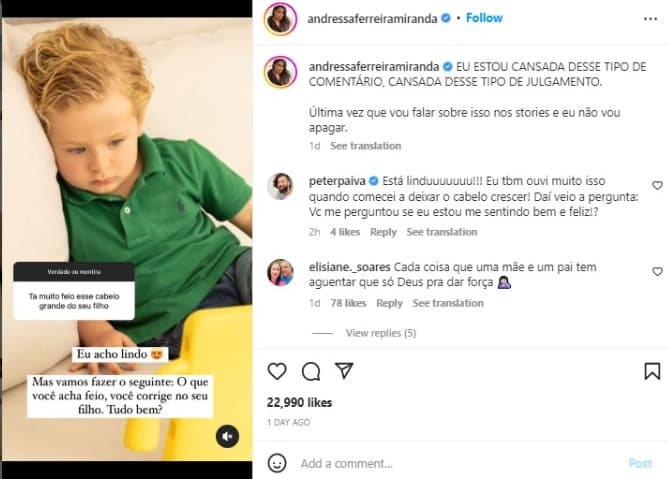 Andressa Ferreira rebate comentário maldoso sobre o filho, Bento (Foto: Reprodução) Andressa Ferreira rebate comentário maldoso sobre o filho, Bento (Foto: Reprodução)