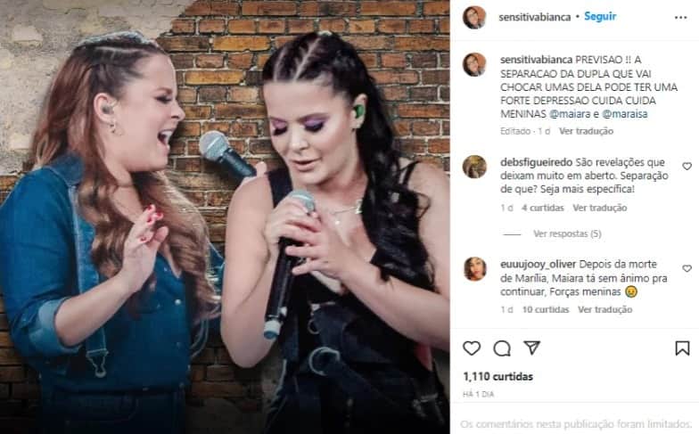 Sensitiva Bianca faz previsão para Maiara e Maraisa (Foto: Reprodução/Instagram) Sensitiva Bianca faz previsão para Maiara e Maraisa (Foto: Reprodução/Instagram)