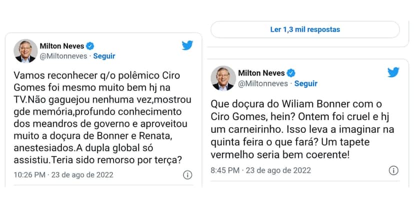 Milton Neves faz críticas ao William Bonner, pela entrevista com Ciro Gomes (Reprodução: Twitter) Milton Neves faz críticas ao William Bonner, pela entrevista com Ciro Gomes (Reprodução: Twitter)