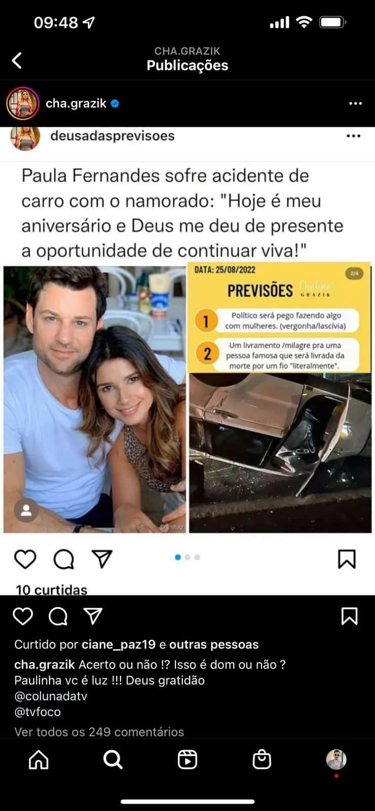 Vidente Chaline acertou previsão envolvendo acidente com Paula Fernandes (Imagem: Reprodução) Vidente Chaline acertou previsão envolvendo acidente com Paula Fernandes (Imagem: Reprodução)