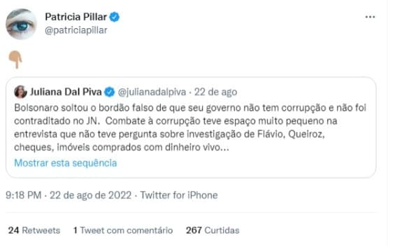 Patrícia Pillar comenta entrevista com Jair Bolsonaro (Foto: Reprodução/Twitter) Patrícia Pillar comenta entrevista com Jair Bolsonaro (Foto: Reprodução/Twitter)
