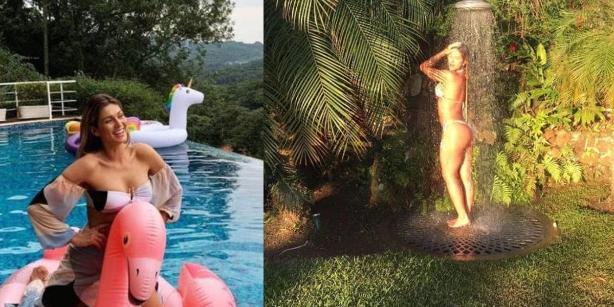 Piscina com borda infinita e mansão rodeada por árvores (Reprodução: Montagem TV Foco) Piscina com borda infinita e mansão rodeada por árvores (Reprodução: Montagem TV Foco)