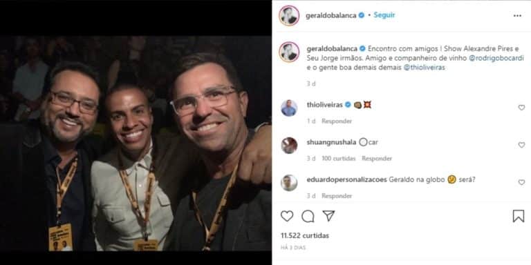 Geraldo Luís surgiu na companhia de Rodrigo Bocardi e Thiago Oliveira, ambos da Globo (Foto: Reprodução) Geraldo Luís surgiu na companhia de Rodrigo Bocardi e Thiago Oliveira, ambos da Globo (Foto: Reprodução)