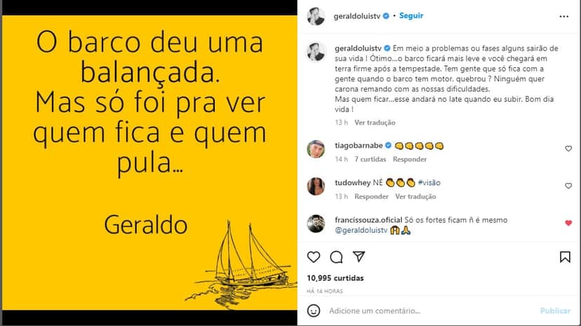 Geraldo Luís desabafa e expõe reflexão em textão no Instagram - Foto: Reprodução Geraldo Luís desabafa e expõe reflexão em textão no Instagram - Foto: Reprodução