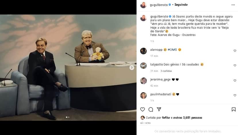 Jô Soares ganhou homenagem do perfil de Gugu Liberato (Foto: Reprodução/ Instagram) Jô Soares ganhou homenagem do perfil de Gugu Liberato (Foto: Reprodução/ Instagram)