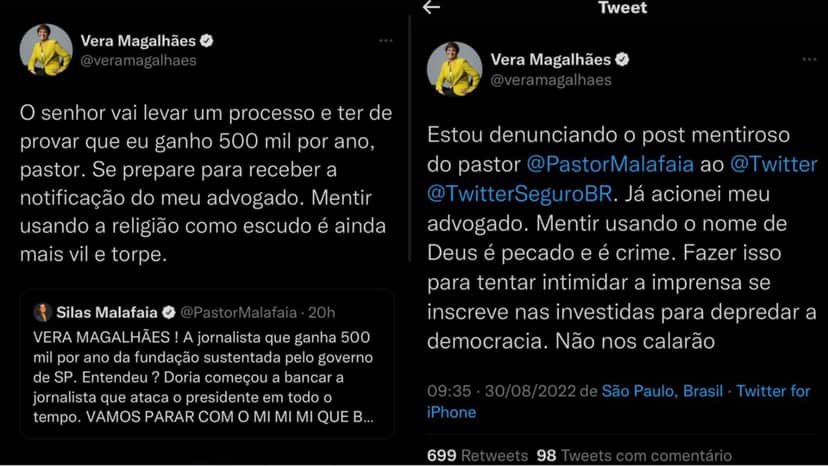 Vera Magalhães denuncia publicamente Silas Malafaia e toma atitude de processar pastor por ataques sofridos Vera Magalhães denuncia publicamente Silas Malafaia e toma atitude de processar pastor por ataques sofridos