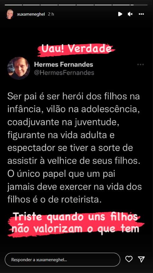 Storie de Xuxa no Instagram - Foto: Reprodução Storie de Xuxa no Instagram - Foto: Reprodução