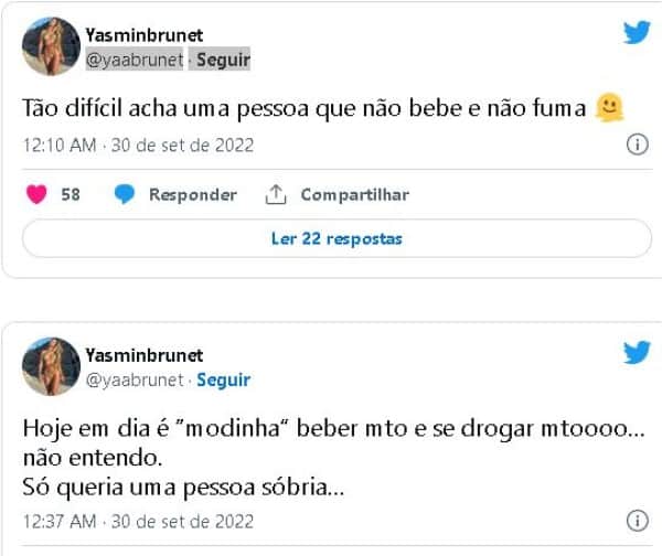 Yasmin Brunet desabafa sobre relacionamento (Foto: Reprodução/Twitter) Yasmin Brunet desabafa sobre relacionamento (Foto: Reprodução/Twitter)