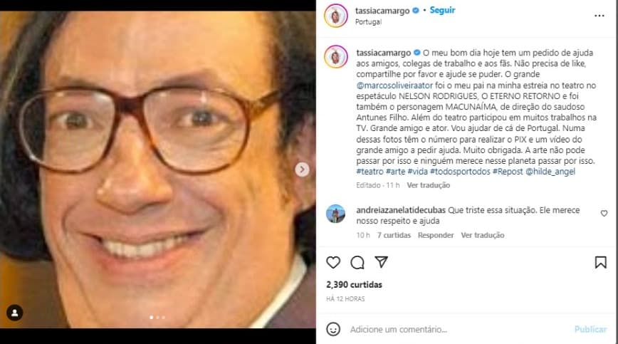 Tássia Camargo faz apelo por ajuda para Marcos Oliveira (Foto: Reprodução/Instagram) Tássia Camargo faz apelo por ajuda para Marcos Oliveira (Foto: Reprodução/Instagram)