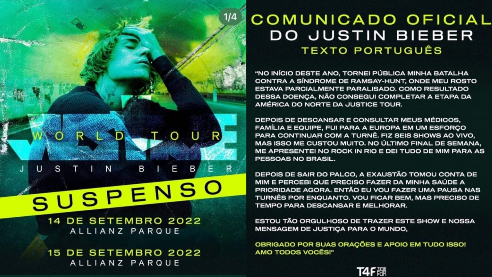 Comunicado ofial de Justin Bieber, compartilhado por Luiz Bacci (Foto: Reprodução/Instagram/Montagem) Comunicado ofial de Justin Bieber, compartilhado por Luiz Bacci (Foto: Reprodução/Instagram/Montagem)