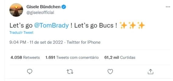 Gisele Bündchen apoia marido nas redes sociais (Foto: Reprodução/Twitter) Gisele Bündchen apoia marido nas redes sociais (Foto: Reprodução/Twitter)