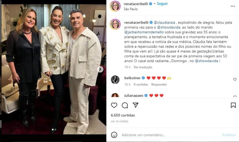 Renata Ceribelli entrevistou Claudia Raia e Jarbas Homem de Mello, para o Fantástico (Foto: Reprodução/Instagram) Renata Ceribelli entrevistou Claudia Raia e Jarbas Homem de Mello, para o Fantástico (Foto: Reprodução/Instagram)