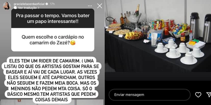 Graciele Lacerda revela o cardápio no camarim de Zezé Di Camargo (Reprodução: Instagram) Graciele Lacerda revela o cardápio no camarim de Zezé Di Camargo (Reprodução: Instagram)