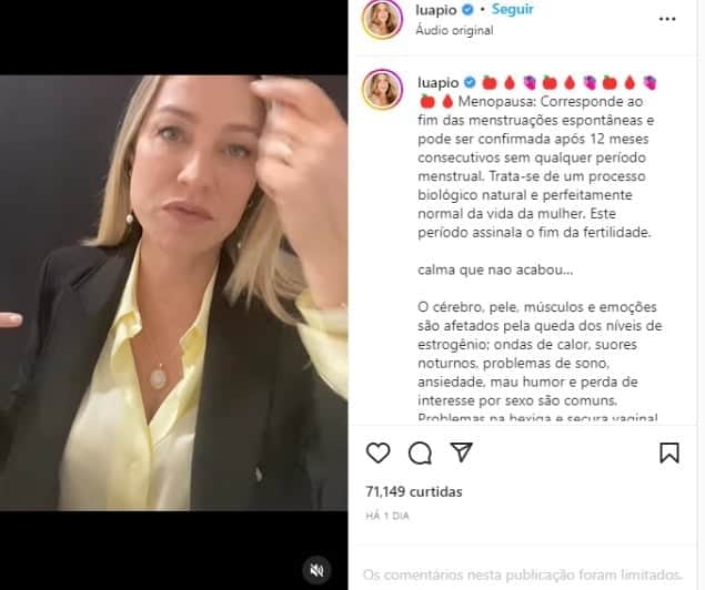 Luana Piovani publica vídeo sobre a menopausa (Foto: Reprodução/Instagram) Luana Piovani publica vídeo sobre a menopausa (Foto: Reprodução/Instagram)