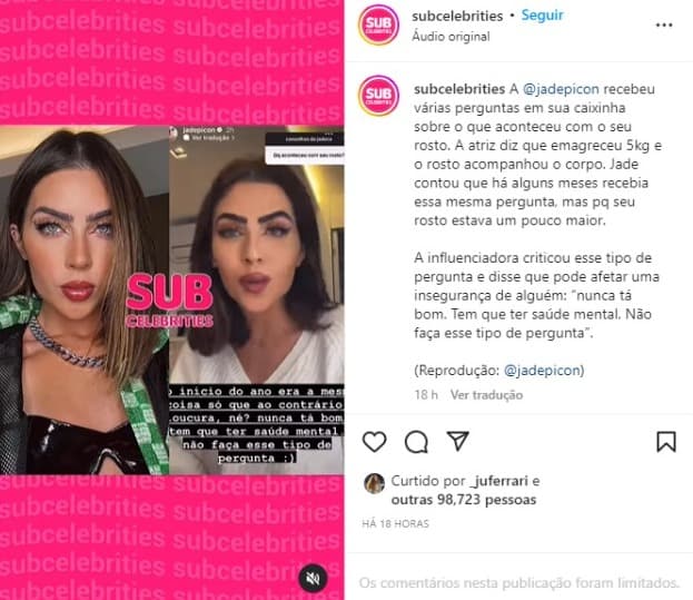 Jade Picon detona críticas à sua aparência (Foto: Reprodução/Instagram) Jade Picon detona críticas à sua aparência (Foto: Reprodução/Instagram)