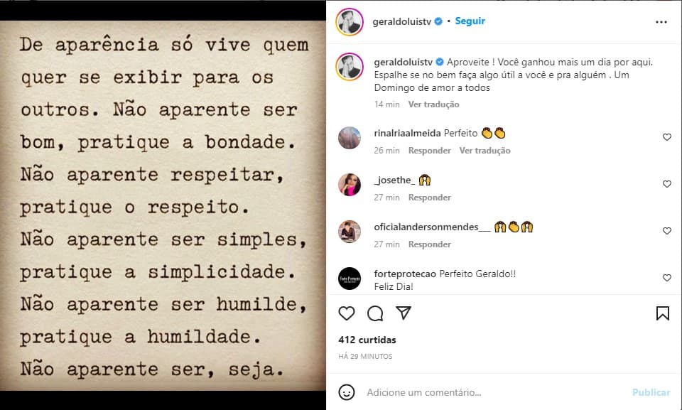 Geraldo Luís faz reflexão impactante nas redes sociais - Foto: Reprodução Geraldo Luís faz reflexão impactante nas redes sociais - Foto: Reprodução