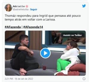 Thomaz Costa em A Fazenda 14 falou sobre sua ex-namorada, Larissa Manoela (Foto: Reprodução / Twitter) Thomaz Costa em A Fazenda 14 falou sobre sua ex-namorada, Larissa Manoela (Foto: Reprodução / Twitter)