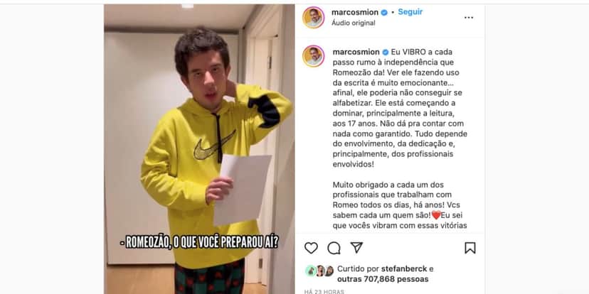 De acordo com Marcos Mion, progresso do filho está muito bom (Reprodução) De acordo com Marcos Mion, progresso do filho está muito bom (Reprodução)