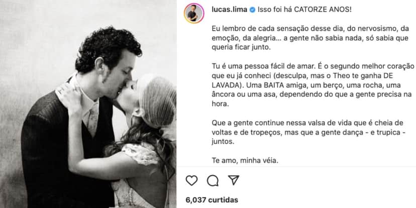 Lucas Lima faz textão para celebrar 14 anos de casamento com Sandy (Reprodução) Lucas Lima faz textão para celebrar 14 anos de casamento com Sandy (Reprodução)