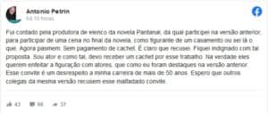 Antonio Petrin, o Tenório da primeira versão de Pantanal se revolta com proposta indecente da Globo e critica emissora carioca (Foto: Reprodução / Facebook) Antonio Petrin, o Tenório da primeira versão de Pantanal se revolta com proposta indecente da Globo e critica emissora carioca (Foto: Reprodução / Facebook)