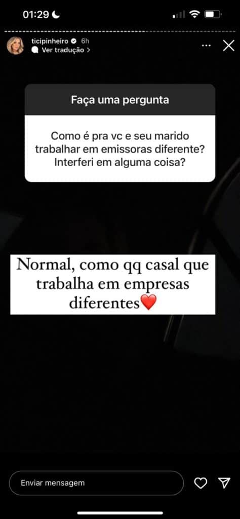 De acordo com Ticiane Pinheiro, é normal trabalhar em emissora concorrente de César Tralli (Reprodução) De acordo com Ticiane Pinheiro, é normal trabalhar em emissora concorrente de César Tralli (Reprodução)